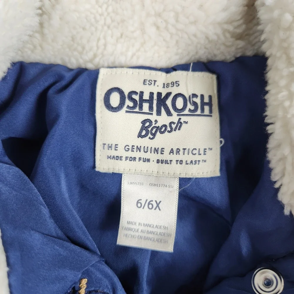 OshKosh B'gosh Trucker Jacket Girls 6/6X Blue Denim Sherpa Collar Button Front
